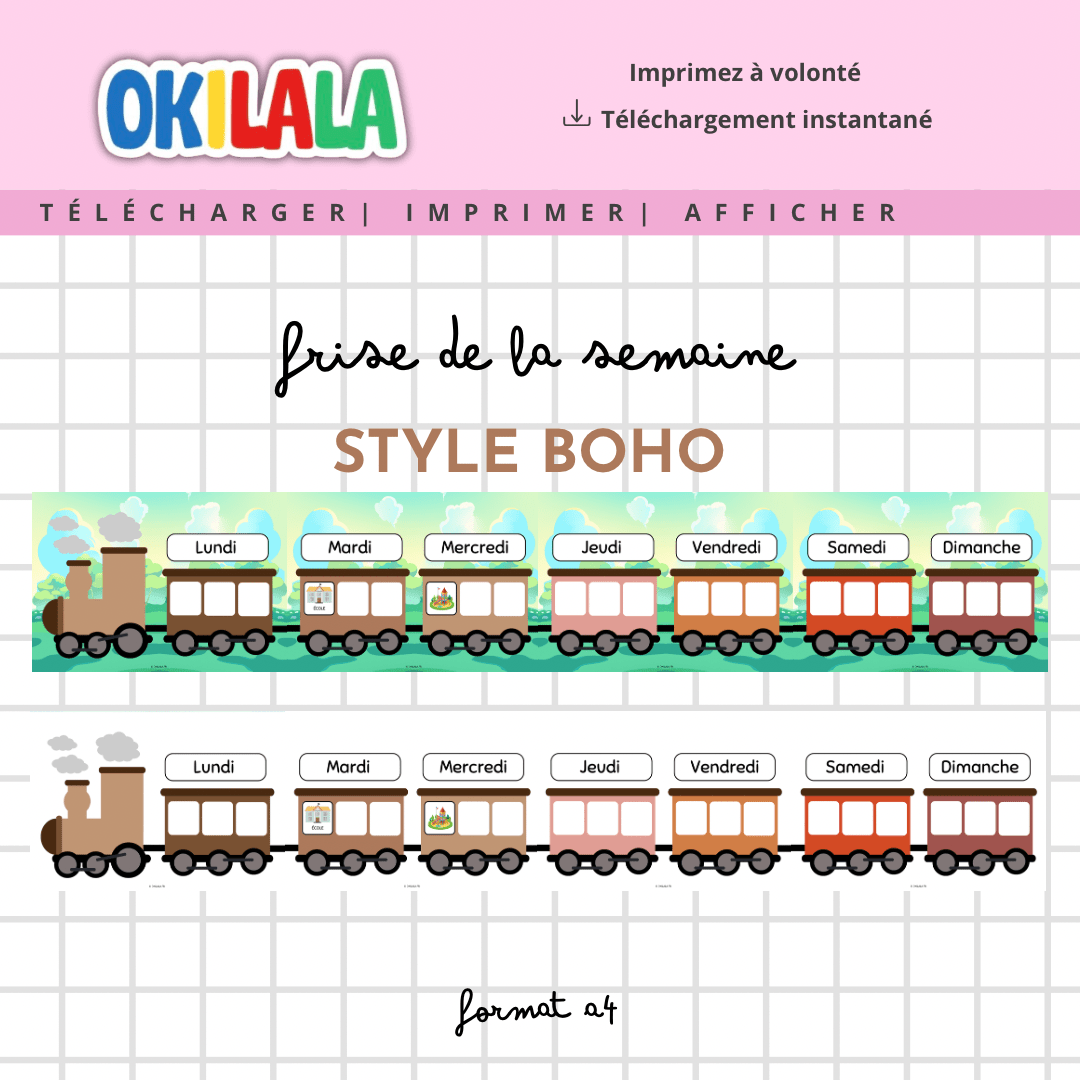 Frise de train des jours de la semaine : 4 fiches avec fond fleuri et 4 fiches sans fond - Style Boho - OKILALA